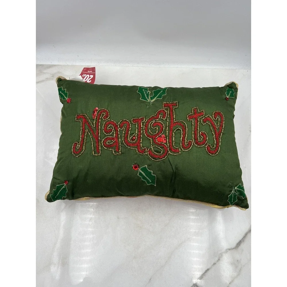 Pier 1 Imports Naughty Nice Reversible Christmas Throw Pillow Beaded 12x18